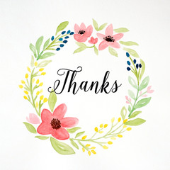 Thanks word and hand drawing watercolor flower wreath on white paper background, thank you card