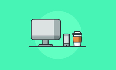 Computer Phone Coffee (Vector Illustration in Line Art Flat Style Design)