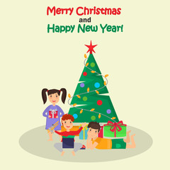 Children open Christmas gifts color illustration