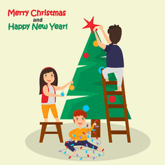 Children decorate Christmas tree color illustration