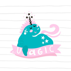 Cute magic unicorn print. Ready childish label,banner, cards, stickers, poster for kids and baby products.Vector illustration