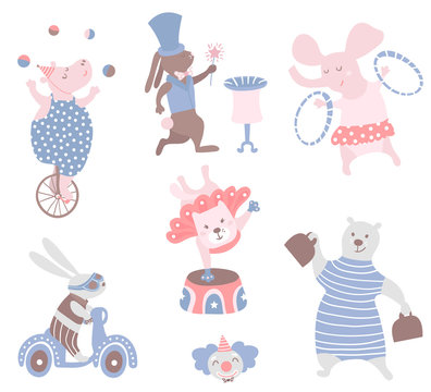 Circus animals vector clipart. Hippo, cat, bear,bunny,elephant,rabbit. Cute childish characters