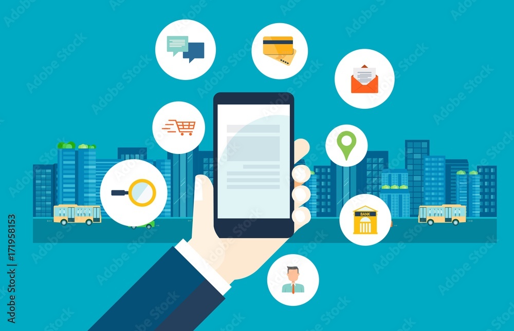 Poster flat design use mobile business for daily life and smart business concept