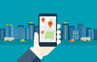 flat design  mobile for  business  location navigation concept and online map application
