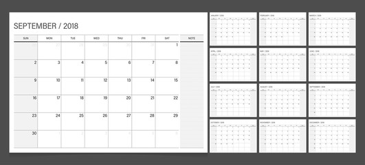 Calendar 2018 week start on Sunday. Calendar planner corporate design template. - obrazy, fototapety, plakaty