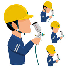 worker is using the spray gun without personal protective equipment
