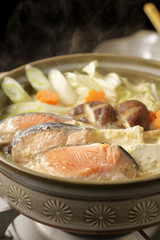 石狩鍋　Japanese style hot pot with salmon and vegetabels