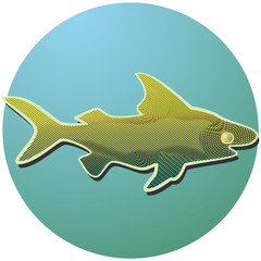 The isolated silhouette of fish, on a blue background.