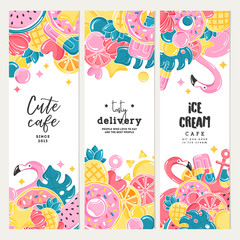 Cafe design template collection. Balloons set. Flamingo, ice cream, watermelon, sun, monstera, pineapple. Vector illustration