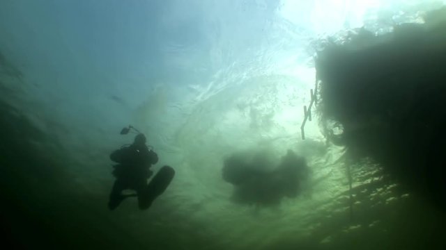 Scuba diver silhouette on background of reflection sunlight underwater. Amazing unique beautiful video. Relax.