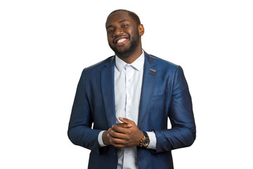 Smiling black businessman on white background. Successful serious afro american businessman with wide smile. Black man happy and smile. - Powered by Adobe