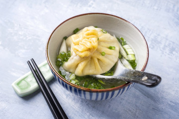 Traditional Caucasian Manti as close-up in a Soup