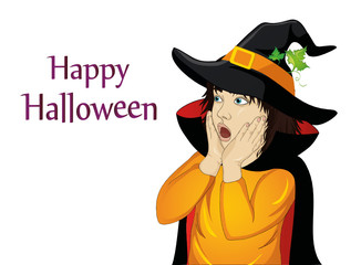 Halloween.Girl in hat and witch costume is surprised. wow. Vector. Thinking bubble with pumpkin inside. Greeting card or invitation for holiday or party. Pop art.
