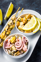 Seafood mix - mussels, calamari, octopus. Selective focus, close up.