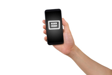 human hand hold cell phone with black Friday message.