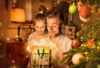 Christmas - father and daughter look into gift (present) bag