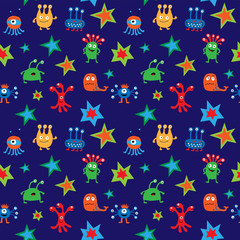 Seamless texture with decorative stylized aliens and stars