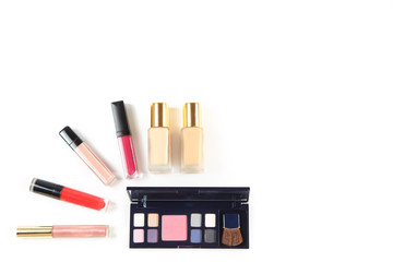 A set of professional cosmetics, isolated on a white background. Top view.