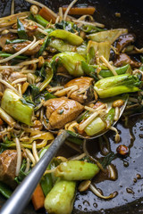 Traditional stir fried chicken gung bao with vegetable as close-up in wok