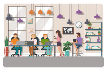 Vector illustration of coworking space. Working place, office. People working in the  office. Flat design.