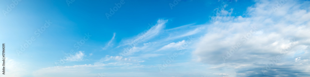 Wall mural vibrant color panoramic sky with cloud on a sunny day. beautiful cirrus cloud. panorama high resolut