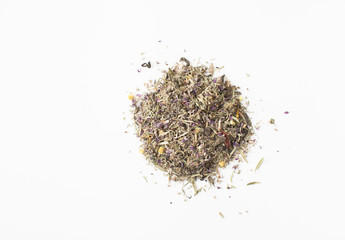 The mixture of herbs on a white circle