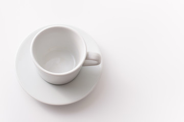 Empty white Cup of tea on white. Place for text.