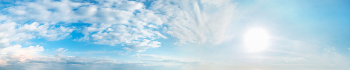 Vibrant color panoramic sky with cloud on a sunny day. Beautiful cirrus cloud. Panorama high resolution photograph.