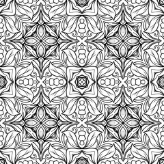 Seamless pattern, background with geometric floral abstract pattern. Stock line vector illustration. Outline hand drawing coloring page for adult coloring book.