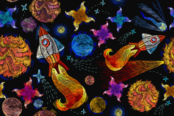 Embroidery universe seamless pattern. Childish background t-shirt design. Rocket, planet, solar system, galaxy. Space embroidery, planet and space rockets © Matrioshka