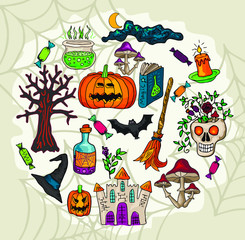 Vector set with  icons for Halloween. Hand drawn doodle pumpkin, tree, spiderweb, potion, book, mushrooms, broom, castle.