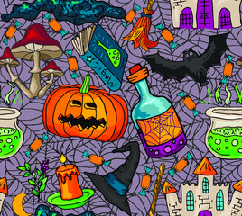 Vector seamless pattern with  icons for Halloween. Hand drawn doodle pumpkin, tree, spiderweb, potion, book, mushrooms, broom, castle.
