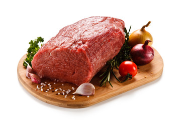 Fresh raw beef sirloin on cutting board on white background 