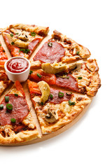 Pizza salami and artichoke on white background 