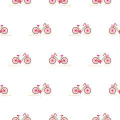 Cotton fabric Bicycle with basket on the front wheel pink on white seamless pattern vector.