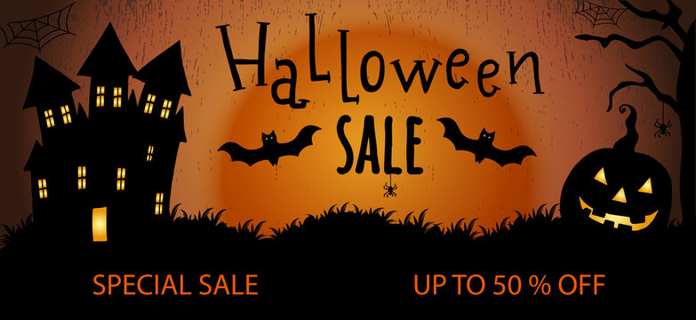 Halloween sale flyer. Halloween sale banner with pumpkin, bat, web, spider