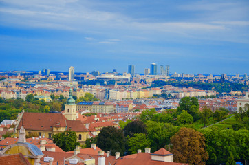 Fototapeta na wymiar Panorama of Prague on a sunny day (Prague, Czech Republic)