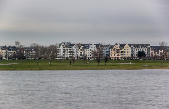 Riverside Rhine Dusseldorf Germany Buildings and River Winter Landscape