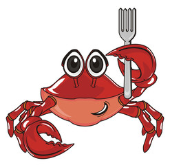 crab, claw, shell, cartoon, marine life, ocean,  red, pink,  hold, metal, eat, fork