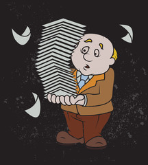 Scared Businessman Carrying Pile of Papers Documents