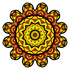 yellow, red, black color flower mandala round ornament design for greeting card, invitation, tattoo. Vector illustration