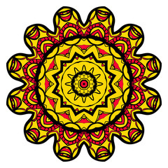 yellow, red, black color flower mandala round ornament design for greeting card, invitation, tattoo. Vector illustration
