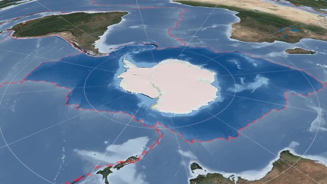 Antarctic tectonic plate extruded and rotated against the map in the Azimuthal Equidistant projection. Blue Marble