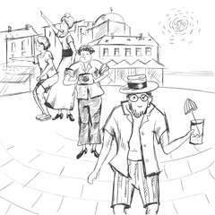 Comic strip. A group of people together with a guide are walking around the city.