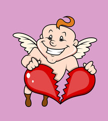 Happy Cartoon Cupid Holding Broken Heart