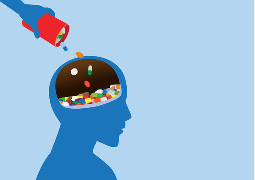 
Hand Put Medicine Into Human Head. Illustration About Drug Addiction And Brain.