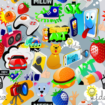 Graffiti seamless texture with social media signs and other shiny icons. Vector. EPS10.