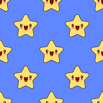 Seamless pattern with smiley kawaii stars characters. funny face Flat design Vector Illustration