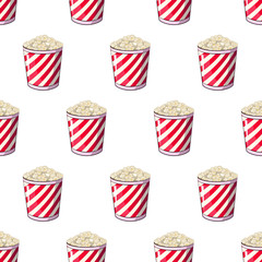 Popcorn is isolated in a strip wrapper box for your produce, an appetizer bucket when you watch movies. Pattern, background Miniature fast food Vector illustration for your project