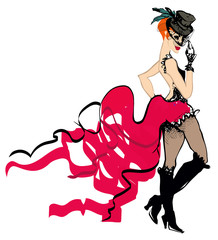 dancing cabaret woman in pink vintage dress  and black hat